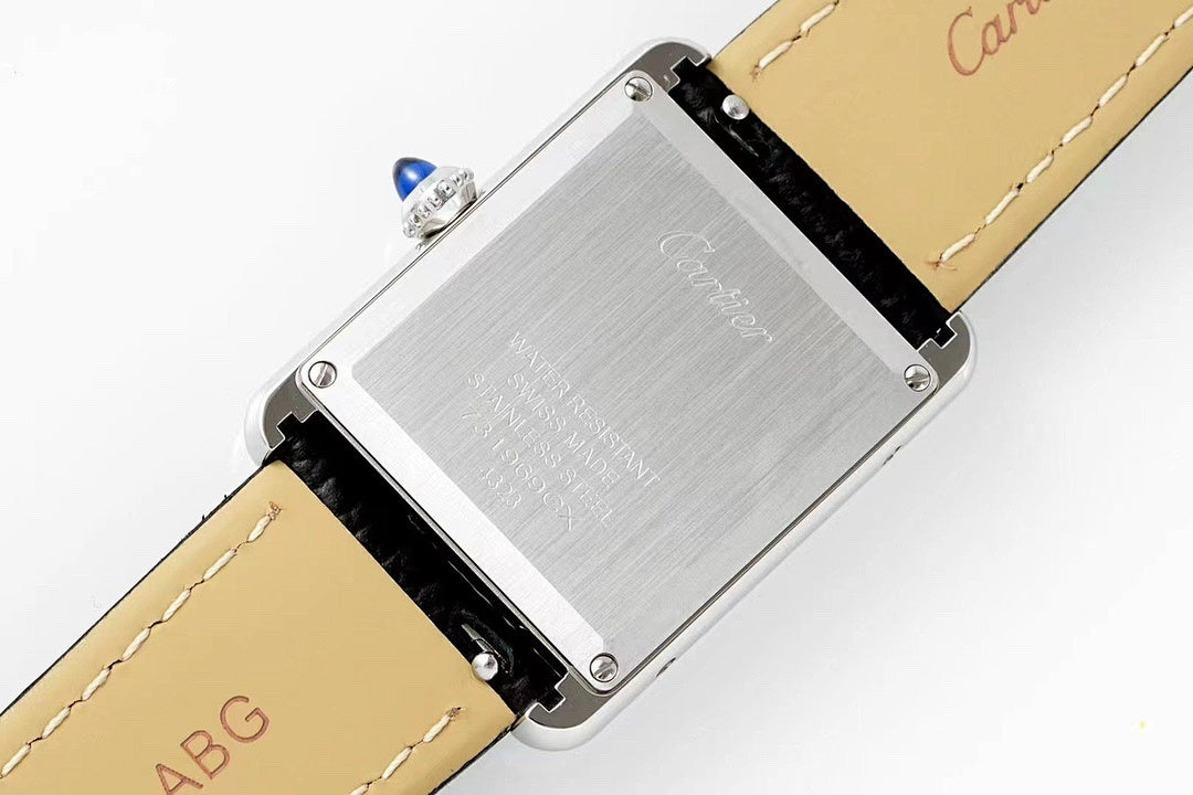 Cartier wristwatch side view with silver buckle, black leather strap, tan stitched lining