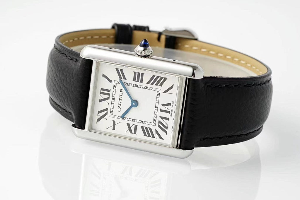 Cartier wristwatch side view with silver buckle, black leather strap, Roman numeral dial