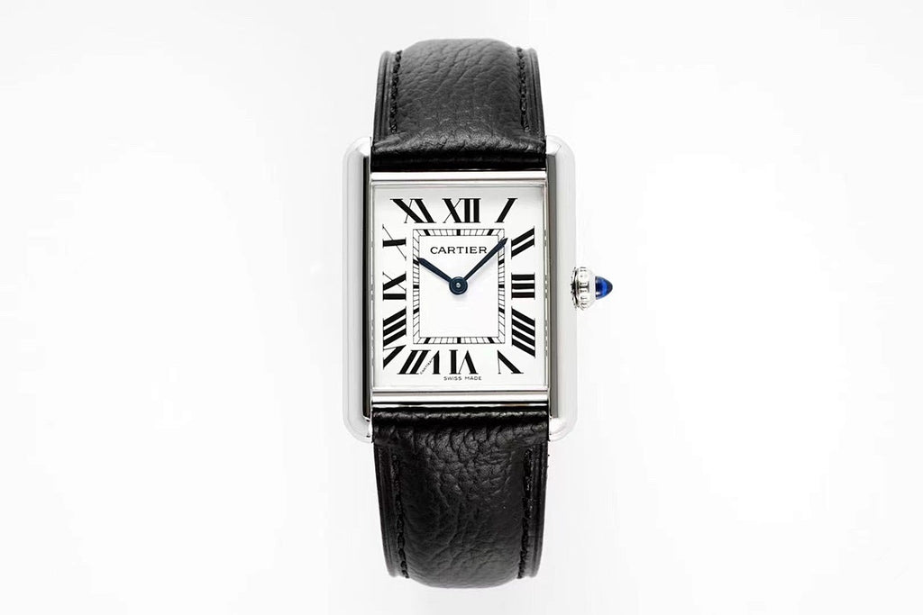Cartier wristwatch with black leather strap and silver rectangular case, Roman numerals