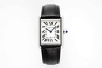 Cartier wristwatch with black leather strap and silver rectangular case, Roman numerals
