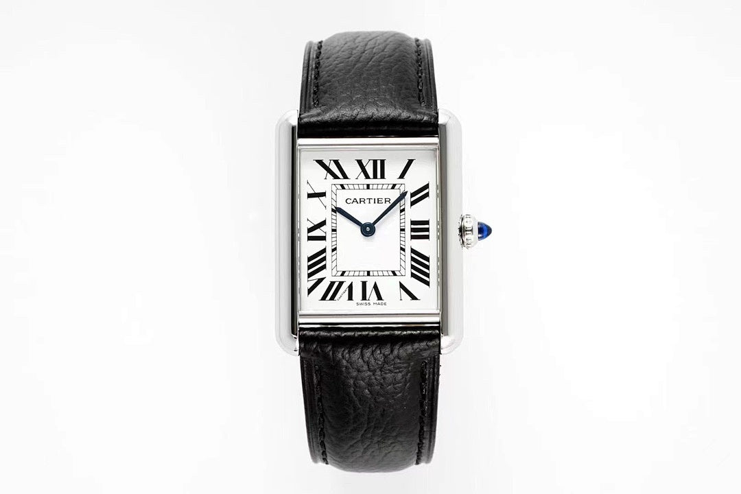 Cartier wristwatch with black leather strap and silver rectangular case, Roman numerals