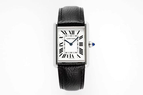 Cartier wristwatch with black leather strap and silver rectangular case, Roman numerals