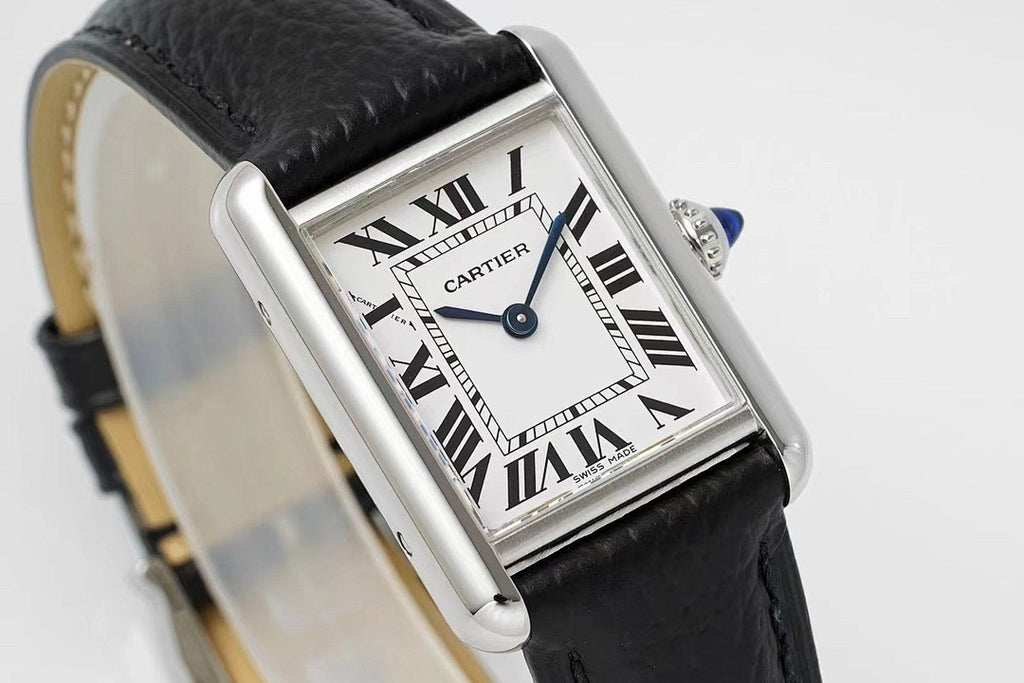Cartier wristwatch angled front with black leather strap and Roman numeral dial