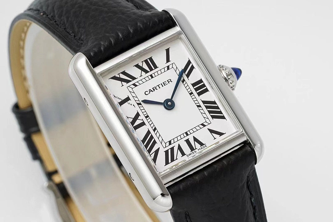 Cartier wristwatch angled front with black leather strap and Roman numeral dial