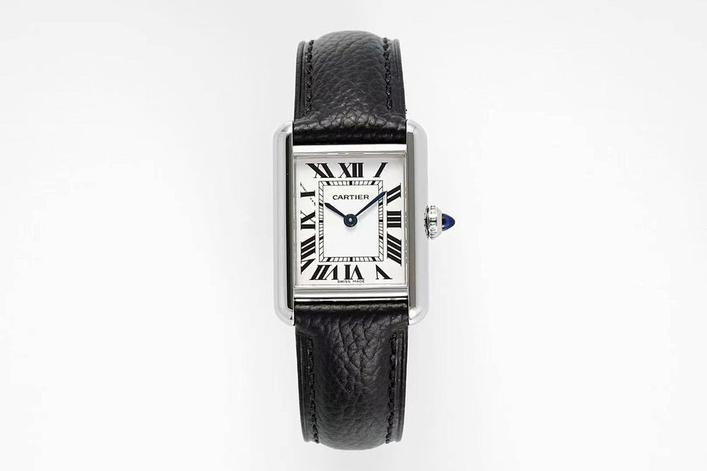 Cartier wristwatch with black leather strap and rectangular silver case, Roman dial