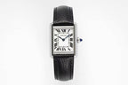 Cartier wristwatch with black leather strap and rectangular silver case, Roman dial