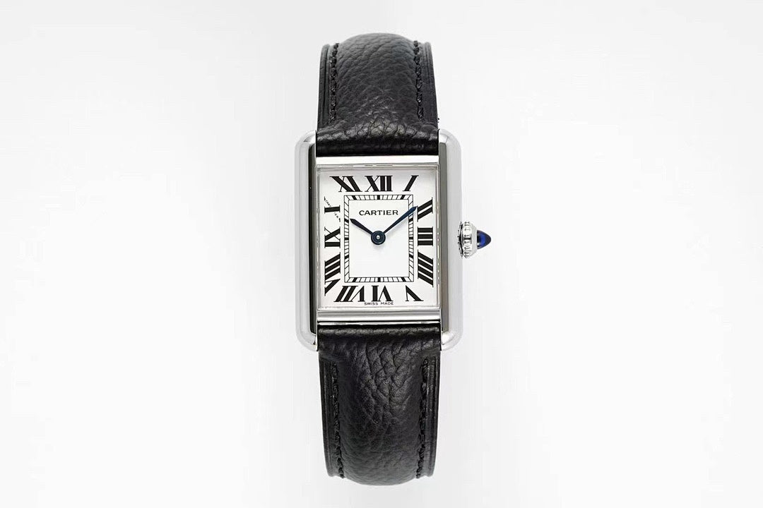 Cartier wristwatch with black leather strap and rectangular silver case, Roman dial