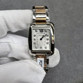Cartier two-tone square wristwatch with silver dial, Roman numeral XII, gem markers