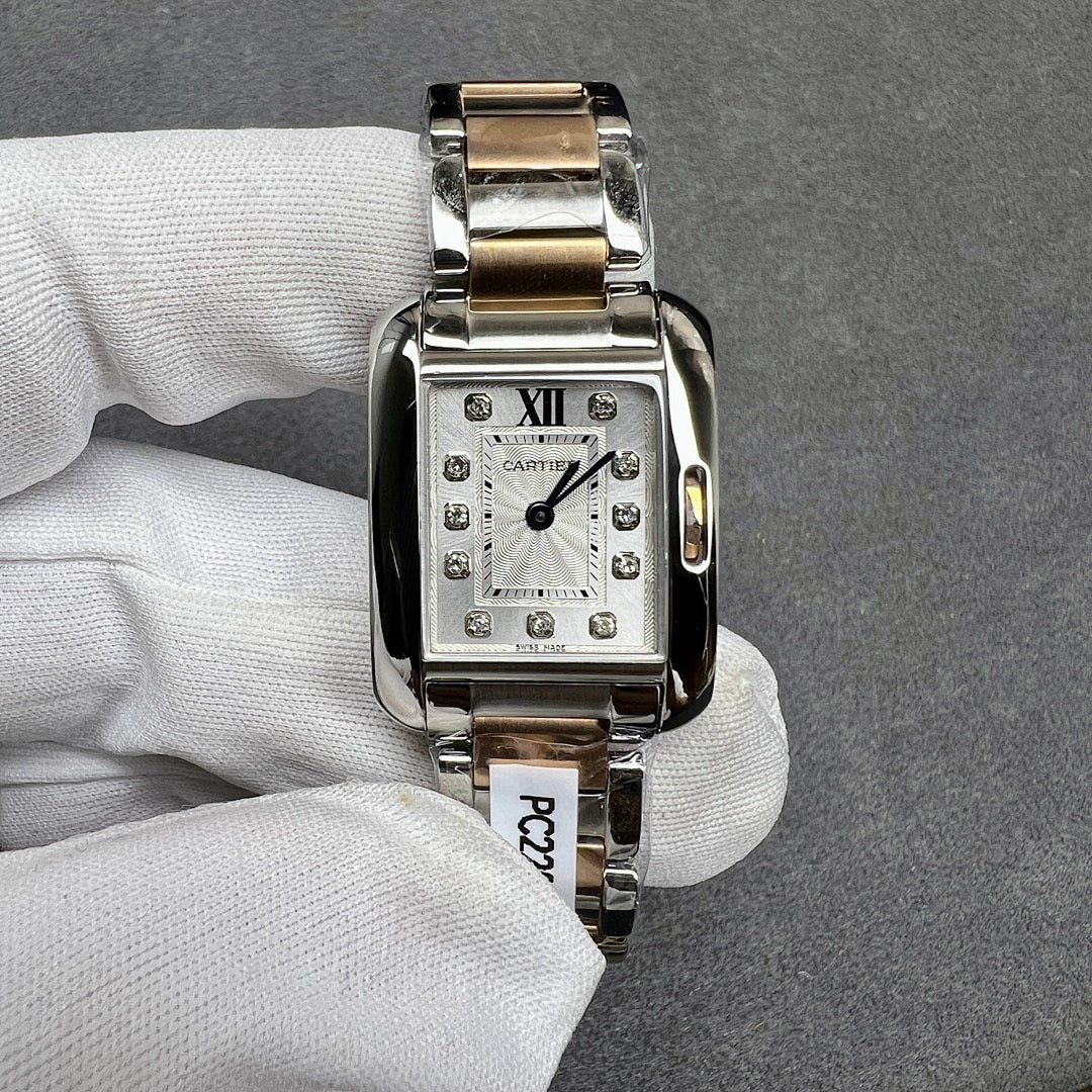 Cartier two-tone square wristwatch with silver dial, Roman numeral XII, gem markers