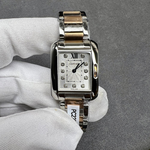 Cartier two-tone square wristwatch with silver dial, Roman numeral XII, gem markers