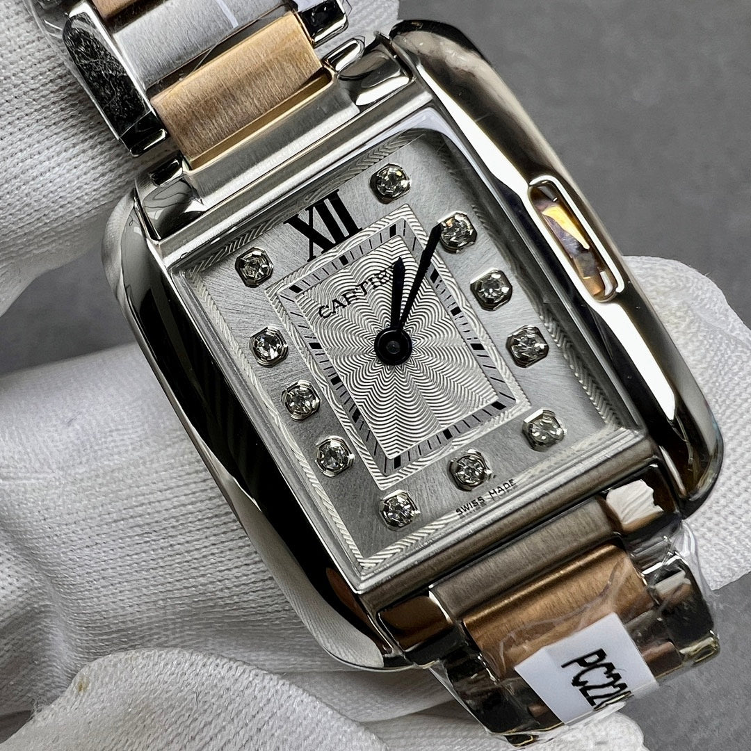 Cartier square dial wristwatch with patterned center, Roman numeral XII, and gem markers
