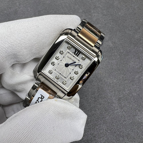 Cartier two-tone square wristwatch with silver dial and Roman numeral XII in bezel
