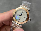 Cartier watch with gold bezel, silver bracelet, and white dial featuring a blue/purple motif