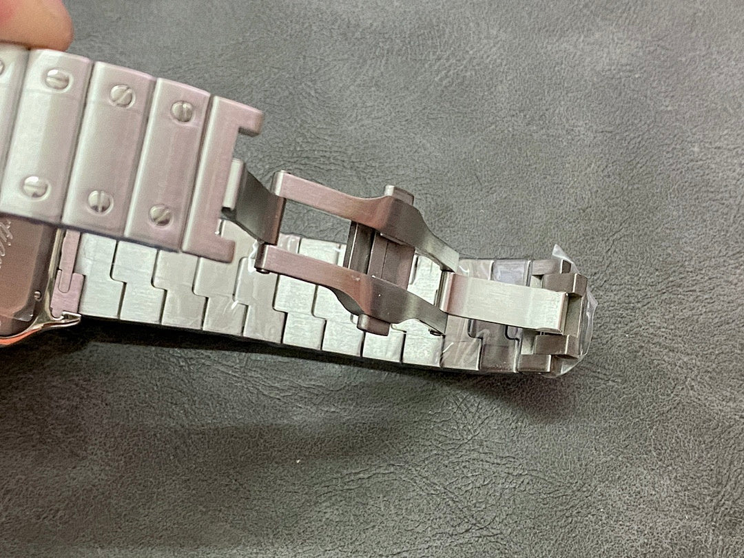 Cartier steel watch bracelet links, straight view of clasp and end links