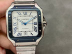 Cartier wristwatch front view with blue dial, Roman numerals, steel case and bracelet