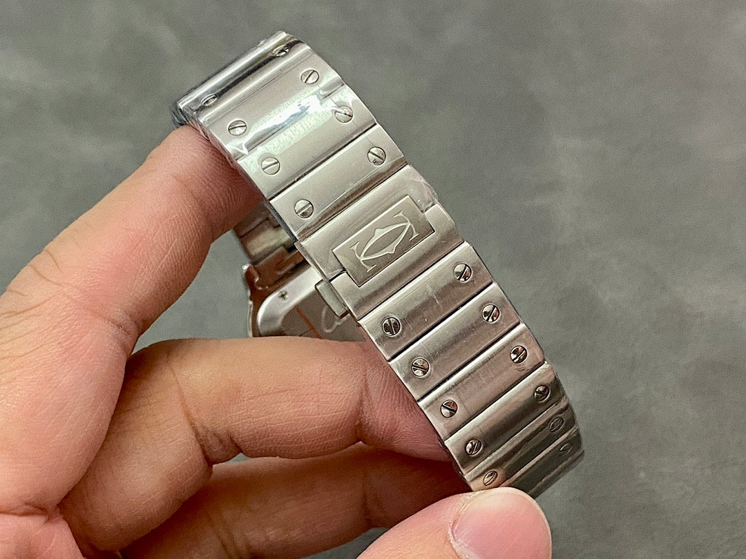 Cartier wristwatch clasp and case side with screws and polished steel links