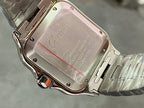 Steel back of Cartier wristwatch case with engraved text and red accent mark