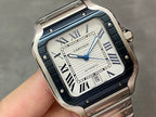 Cartier wristwatch close-up with blue dial, Roman numerals, and steel case