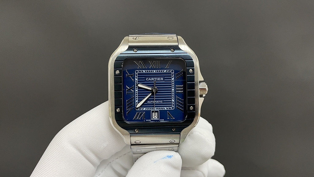 Square-faced stainless steel watch with blue dial and Roman numerals