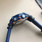 Blue and orange G-Shock watch with black pushers and round bezel