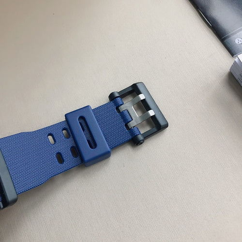 Blue resin watch strap with buckle and metal clasp