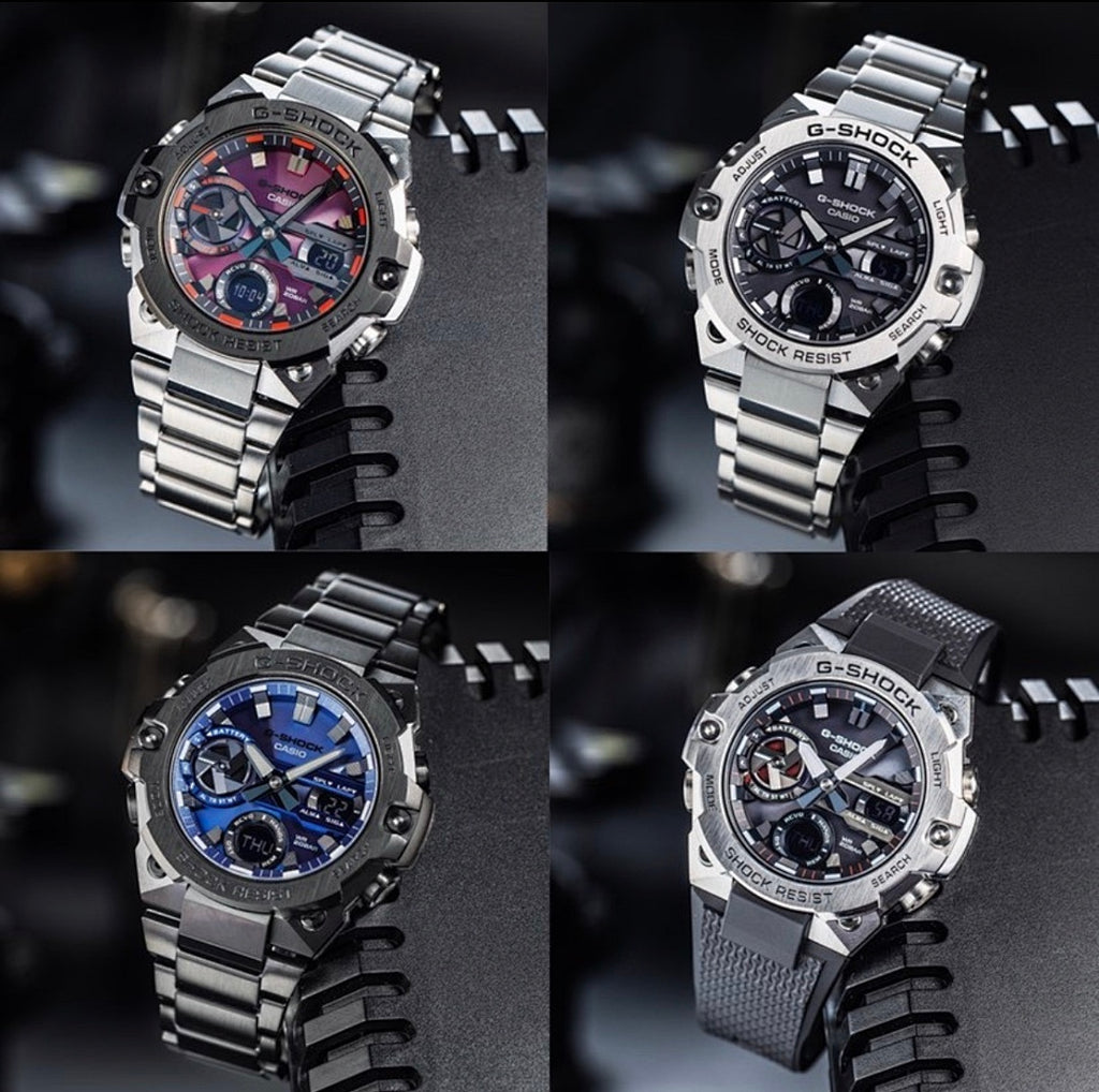 Casio G-Shock analog watches on foam, silver and black cases with colored dials