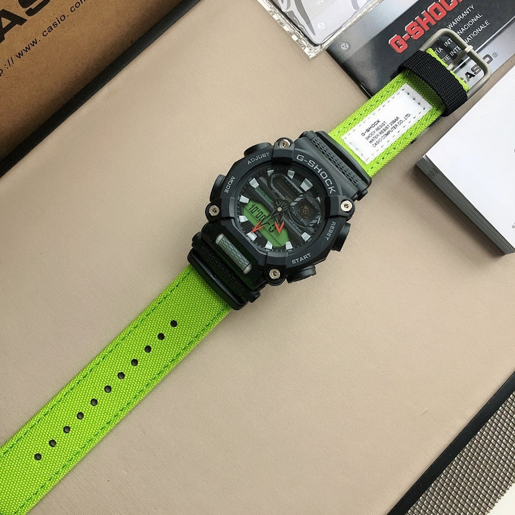 Casio G-Shock watch angled view with black case and bright lime-green strap