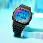 Casio G-Shock watch angled with black strap and blue digital screen