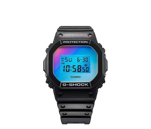 Casio G-Shock watch with black resin strap and blue digital time display