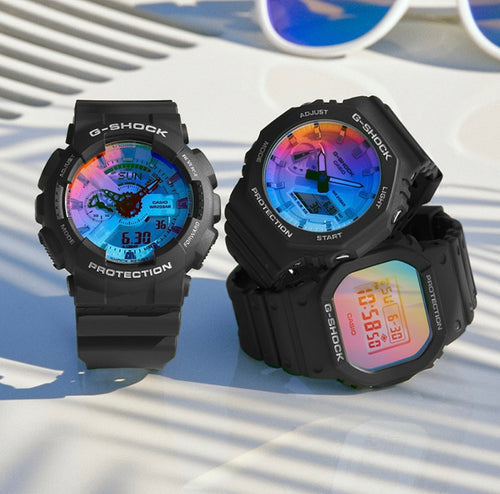 Casio G-Shock watches, two black sport watches with multicolor digital displays
