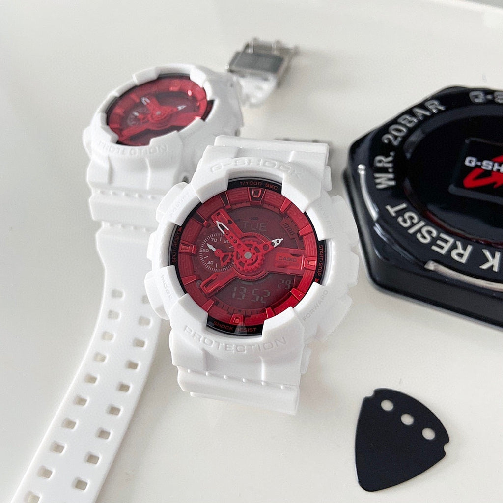 White resin wristwatch with red dial and white perforated strap