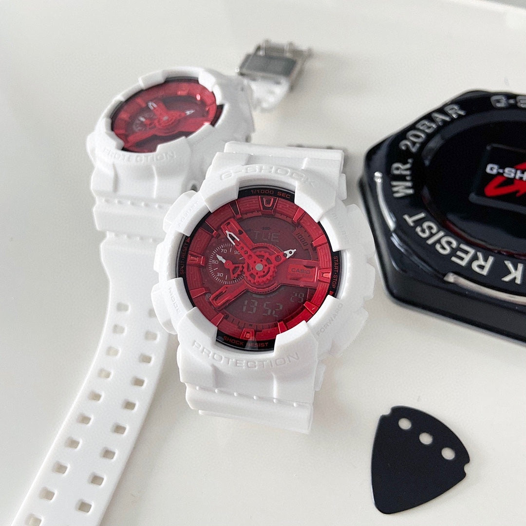 White resin wristwatch with red dial and white perforated strap
