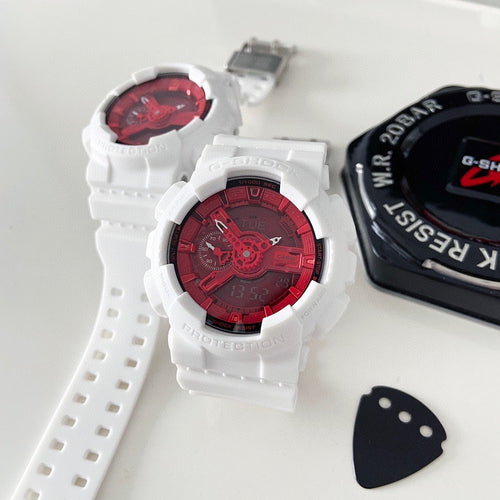 White resin wristwatch with red dial and white perforated strap