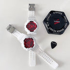 White resin wristwatch with red dial, metal clasp, and white perforated strap