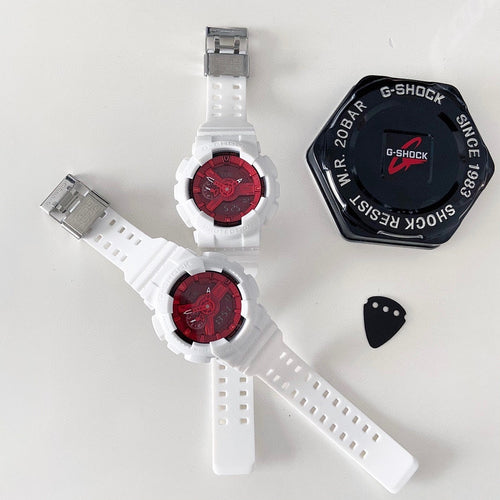 White resin wristwatch with red dial, metal clasp, and white perforated strap