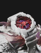 White resin wristwatch close-up with red and black dial details