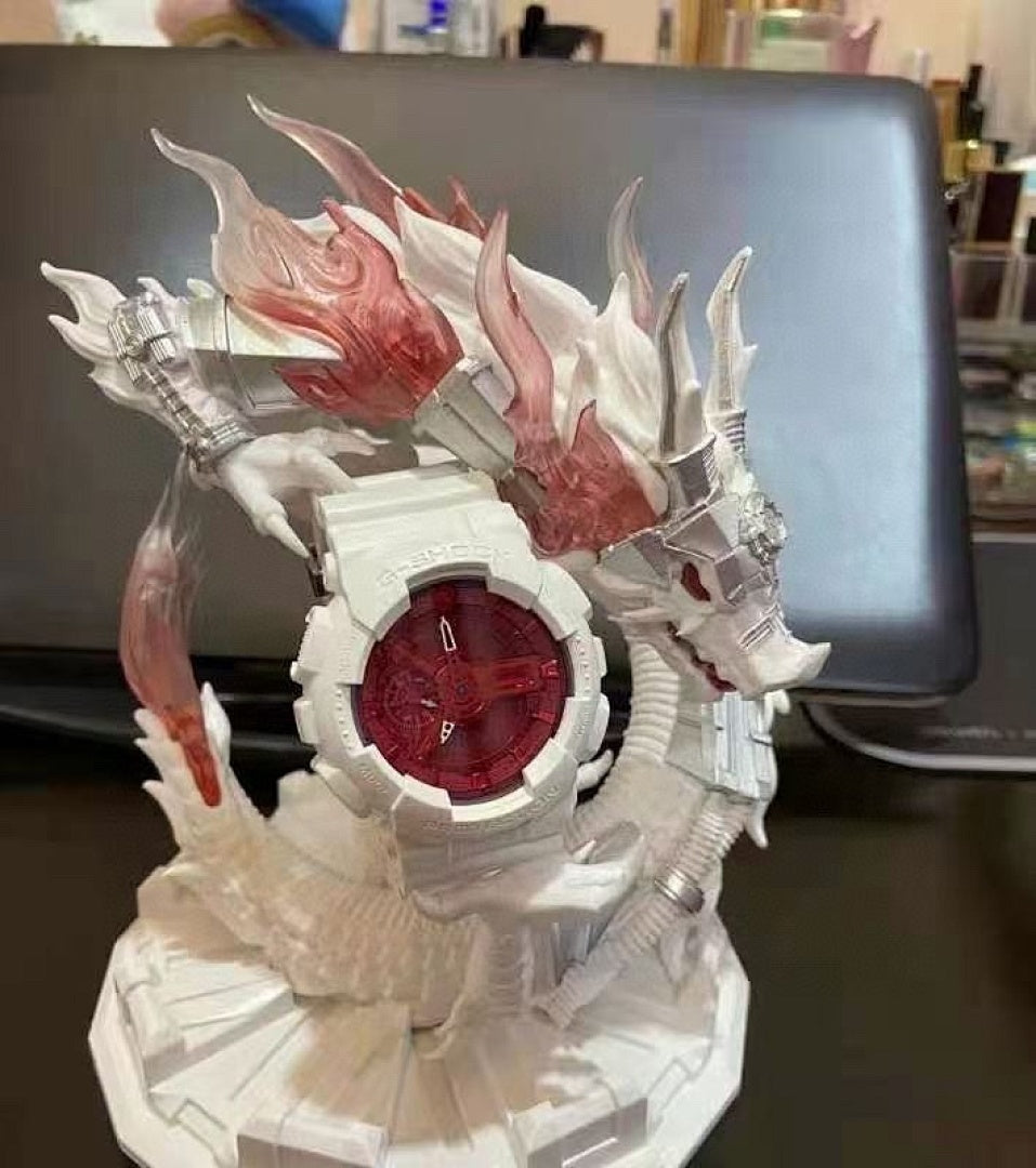 Casio wristwatch with white strap, white bezel, and red face