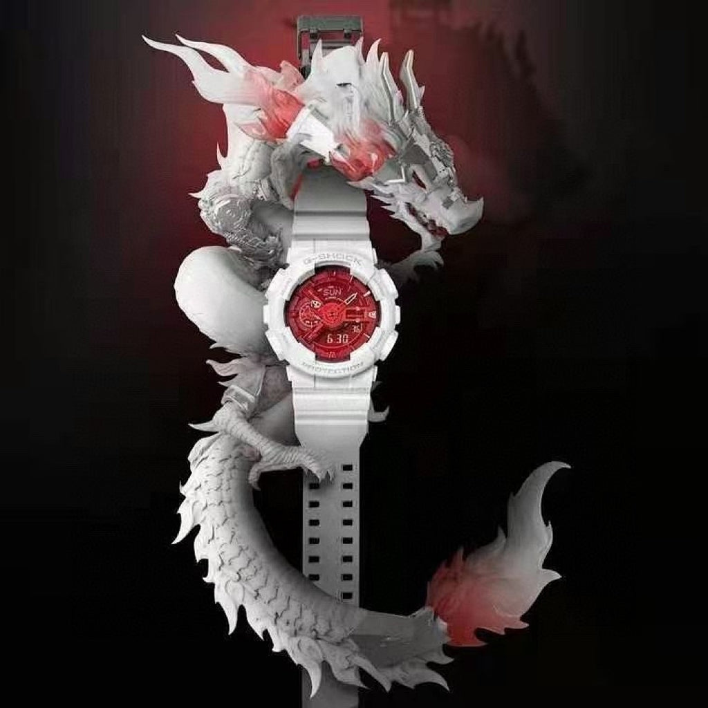 White resin wristwatch with red face on dragon figurine