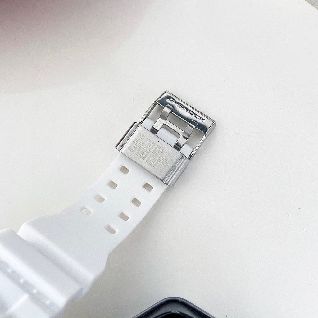 White resin watch strap with metal buckle clasp