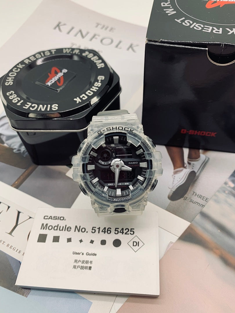 Casio G-Shock watch with clear strap and dark dial
