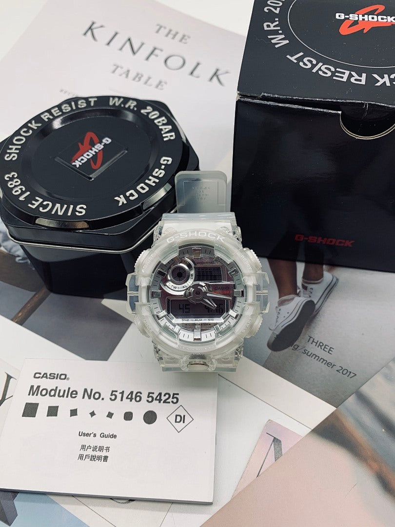 Casio G-Shock watch with clear strap and black dial