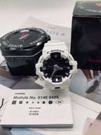 Casio G-Shock watch with white strap and black dial