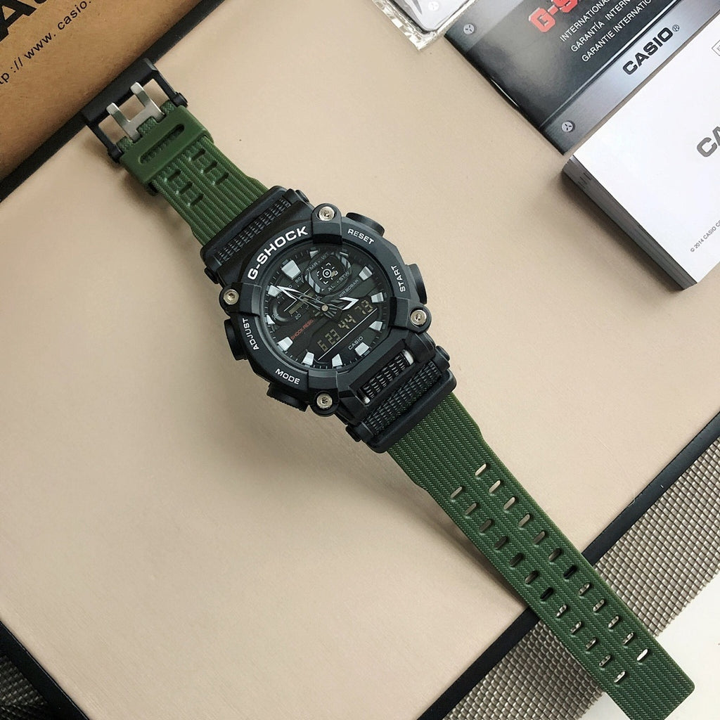 G-Shock digital watch with green resin strap and black bezel