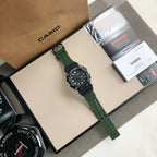 G-Shock watch with green resin strap on display card packaging