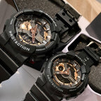 Casio G-Shock watches with black resin straps and copper-tone skeleton dials