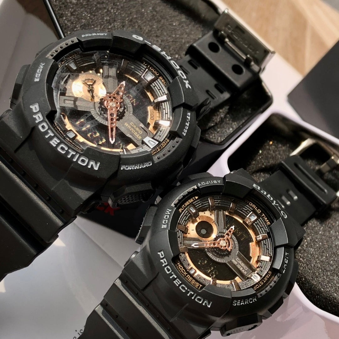 Casio G-Shock watches with black resin straps and copper-tone skeleton dials