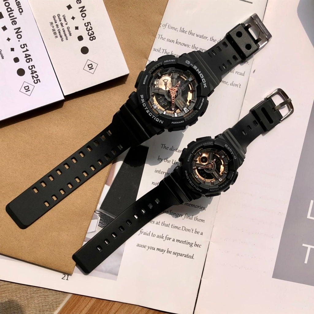 Casio G-Shock watches with black resin straps and round dials on instruction sheets