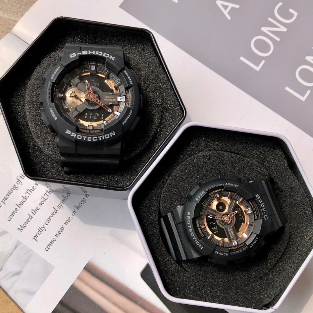 Casio G-Shock watches in hexagonal boxes with black resin straps and gold dials