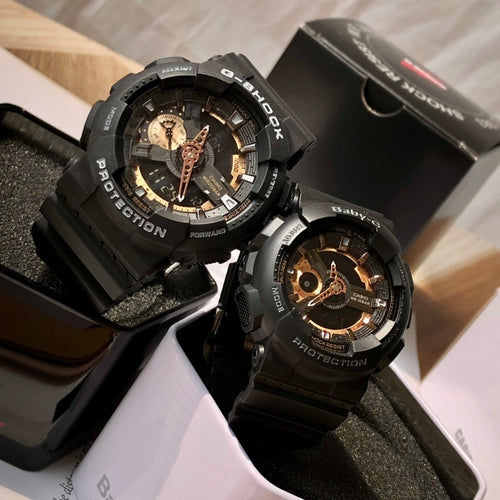 Casio G-Shock watch with black resin case and strap, copper-tone skeleton dial