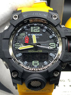 G-Shock Mudmaster wristwatch close-up, black dial with yellow accents and large numerals